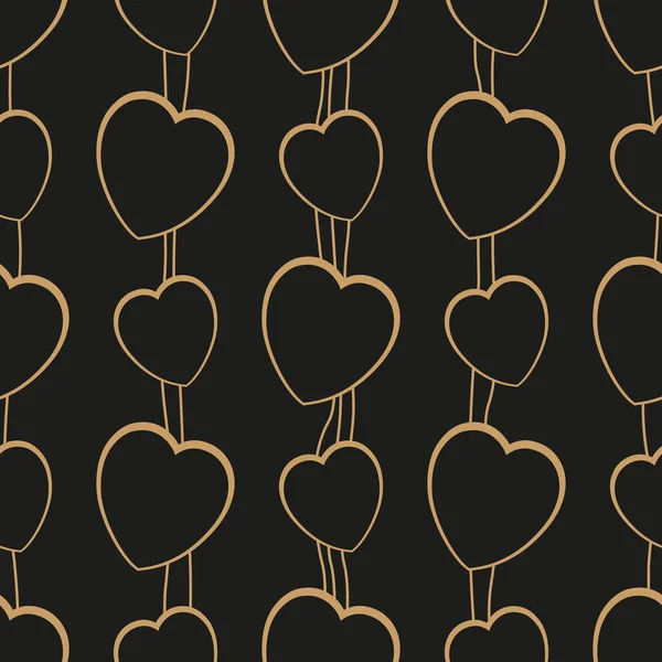 Golden Hearts Black Background Vector Seamless Pattern — Vetor de Stock
