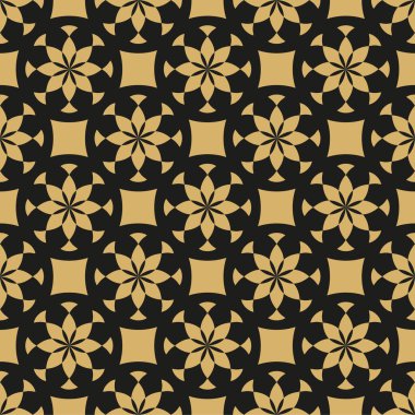 Siyah arka planda daireler çizerek altın çiçekler. Ses yanılsaması. Vektörsüz desen.