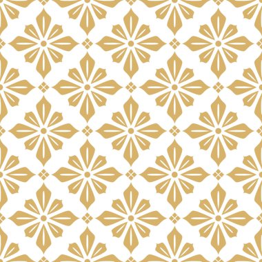 Vektör arkaplanı. Vektör kusursuz desen. Çiçeklerin ve eşkenar dörtgenlerin altın deseni.