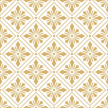 Altın desenli çiçekler ve eşkenar dörtgenler. Geometrik süslemeli arka plan. Eşkenar dörtgenlerin altın çiçekleri. Vektörsüz desen.