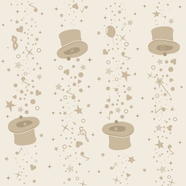Bej arka planda neşeli bir çocuk tatili unsurları. Sihirli şapka. Vektörsüz desen.