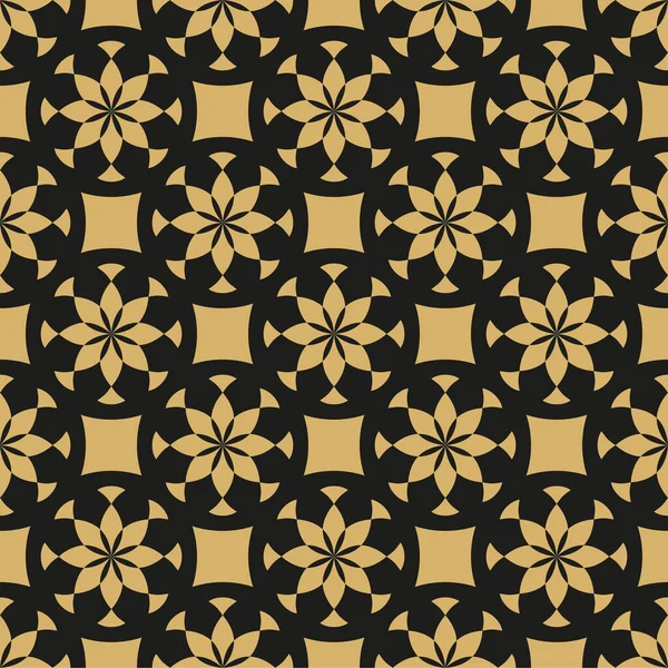 Golden Flowers Circles Black Background Illusion Volume Vector Seamless Pattern — Wektor stockowy