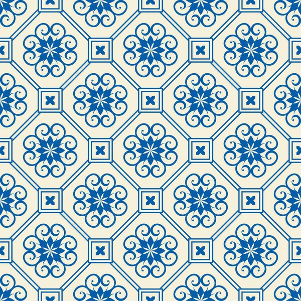 Blaues Ornament Marokkanischen Stil Geometrisches Ornament Mit Blumen Und Locken — Stockvektor
