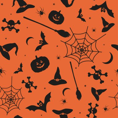 Cadılar Bayramı balkabakları, örümcekler, kafatasları ve diğer siyahlı tatil özellikleri. Vektör kusursuz desen. Cadılar Bayramı geçmişi.