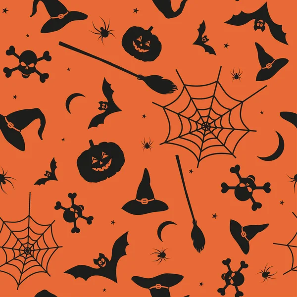 Cadılar Bayramı balkabakları, örümcekler, kafatasları ve diğer siyahlı tatil özellikleri. Vektör kusursuz desen. Cadılar Bayramı geçmişi.