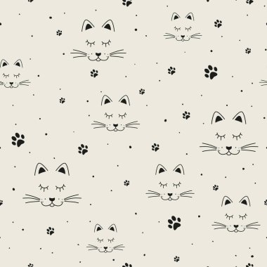 Siyahlı kedi yüzleri ve pençeleri. Çizgi film tarzında kedi ağızlığı. Vektörsüz desen.