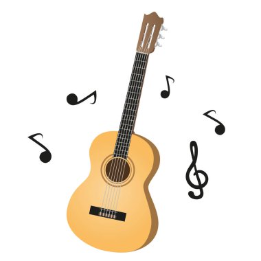 Gitar ve müzik notaları. Renk vektörü illüstrasyonu.