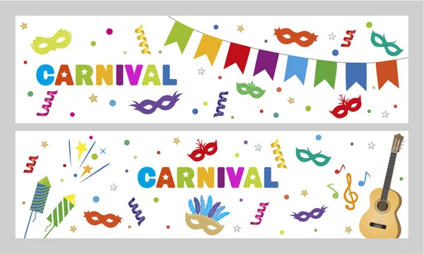 Zwei Banner Mit Karnevalsobjekten Masken Gitarre Feuerwerkskörper Konfetti Serpentinen Und — Stockvektor