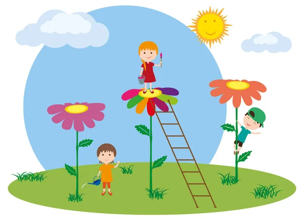 Children Play Lawn Big Flowers Little Girl Climbed Ladder Color — Stock Vector