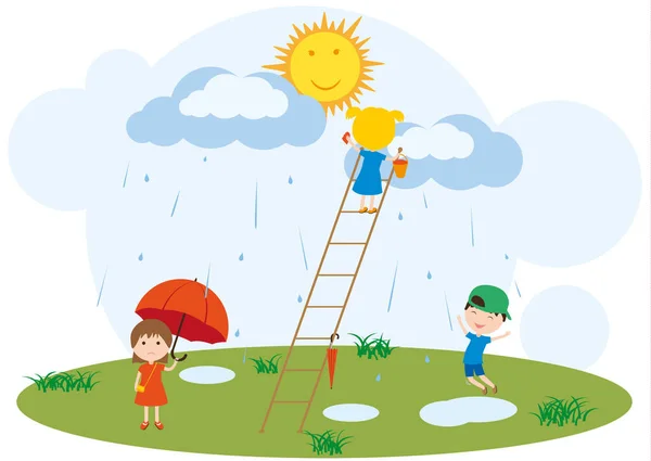 Children Play Rain Little Girl Climbed Ladder Cloud Wash Sun — Stock Vector