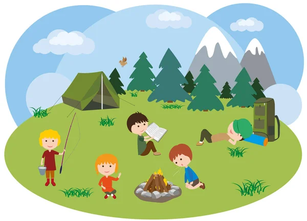 Children Hike Boys Girls Campfire Meadow Campfire Camping — Stock Vector