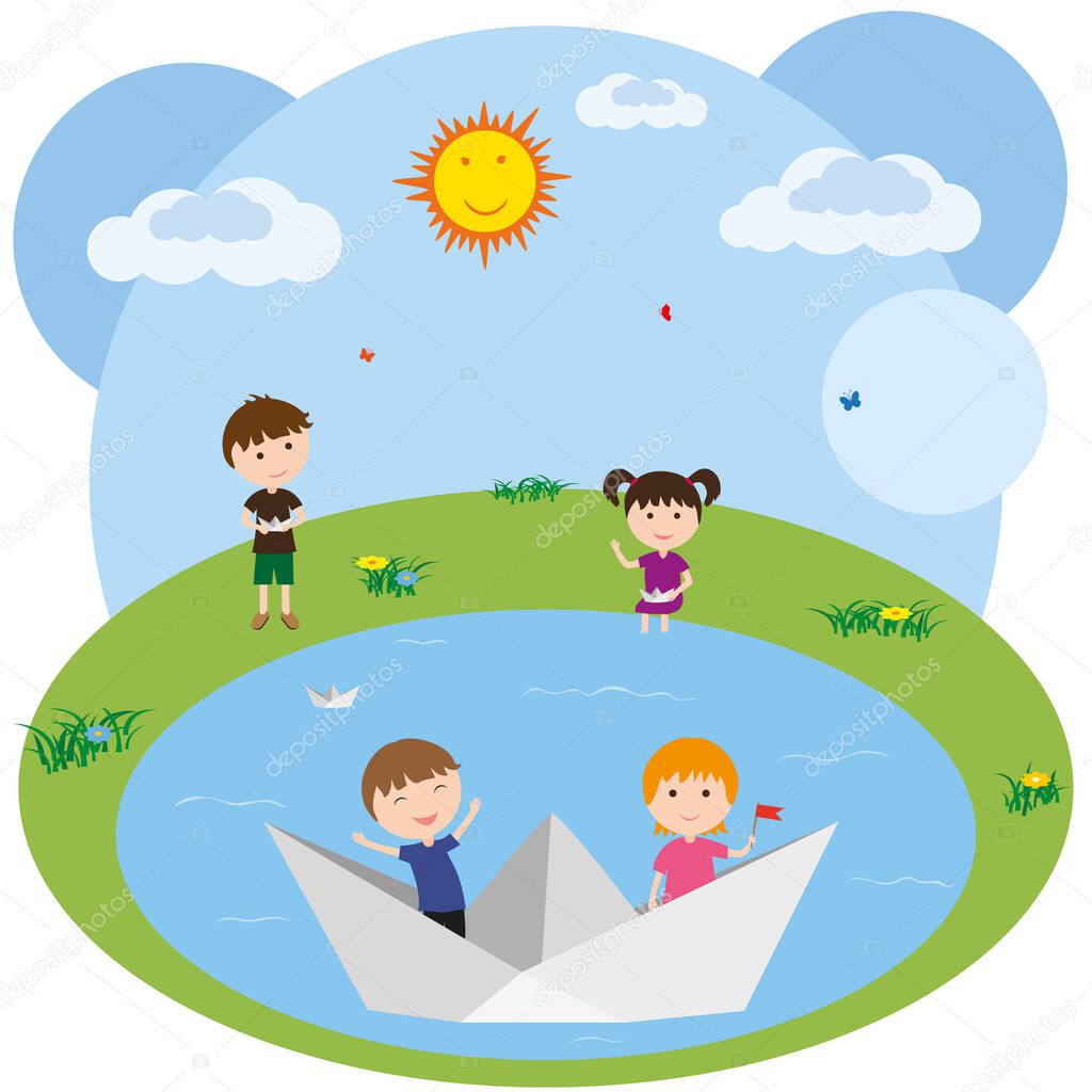 Launching paper boats. Game on the lake. Children float on a paper boat. Children dreams. Vector illustration.