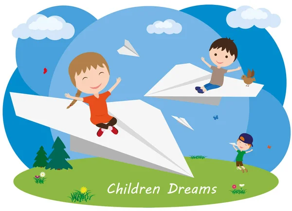 Children Fly Paper Airplanes Children Dreams Boy Launches Paper Airplane — Stock Vector