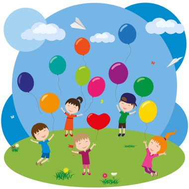 Mutlu Çocuklar. Neşeli çocuklar gökyüzüne balon fırlatıyorlar. Eğlenceli çocuklar parkta oynar ve zıplar..