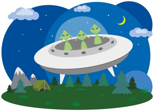 Зеленые Пришельцы Космическом Корабле Незнакомцы Летают Летающей Тарелке Ночном Небе — стоковый вектор
