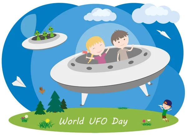 Παγκόσμια Ημέρα Ufo Παιδιά Πετούν Πάνω Ιπτάμενο Δίσκο Πράσινοι Εξωγήινοι — Διανυσματικό Αρχείο