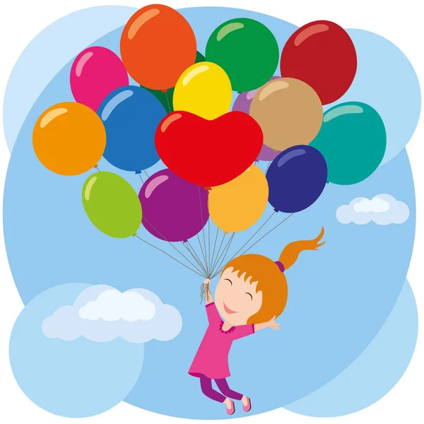 Küçük kız balonlarla uçuyor. Gökyüzünde keyifli uçuşlar. Çocuk rüyaları.