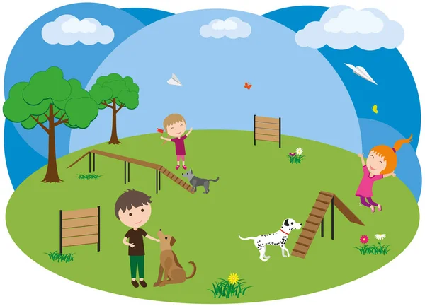 Dog Playground Children Walk Dogs Fun Children Play Jump Park — Stock Vector