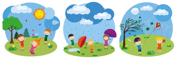 Children Play Outdoors Weather Sunny Rainy Windy Little Girls Boys — Stock Vector