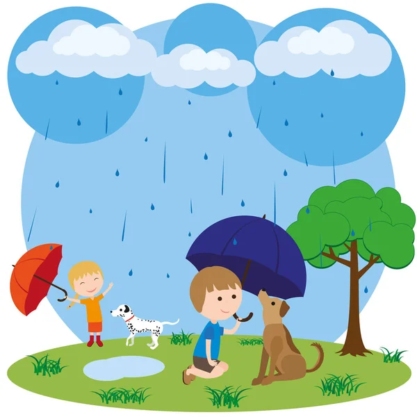 Children Pets Play Fun Rain Boy Girl Umbrellas Walk Dogs — Stock Vector
