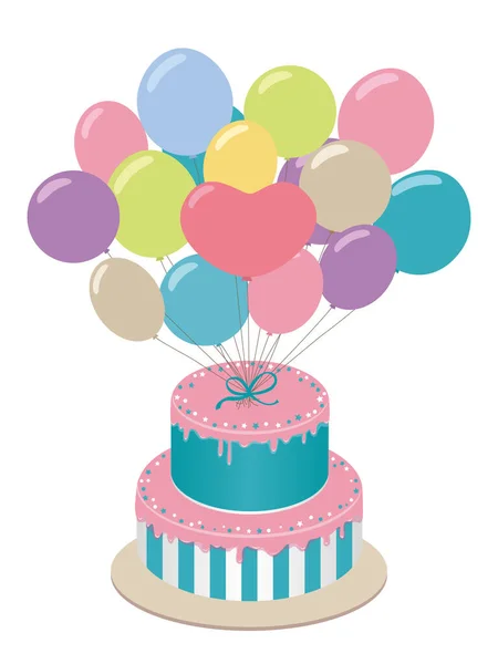 Schöne Große Torte Und Ein Bündel Luftballons Festliche Attribute Geburtstag — Stockvektor