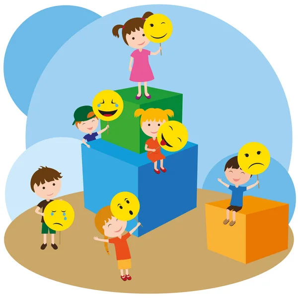 Girls Boys Play Masks Image Emoticons Children Play Cube Pyramid — Stock Vector