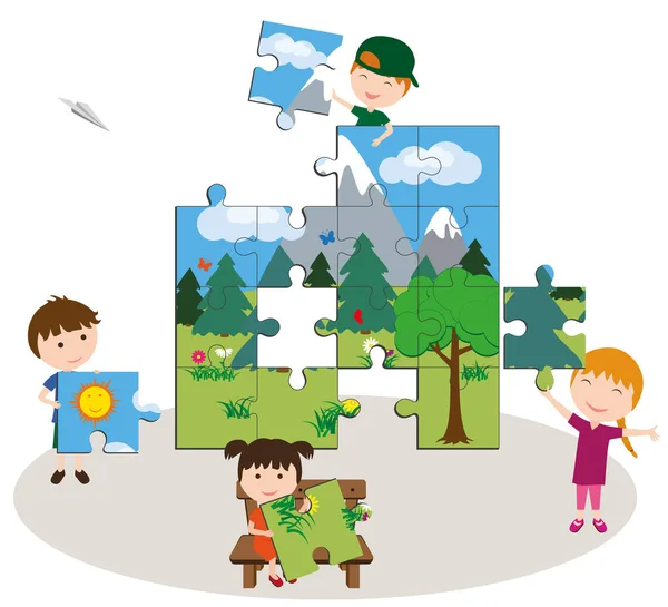 Boys Girls Play Puzzles Children Add Forest Landscape Puzzles — Stock Vector