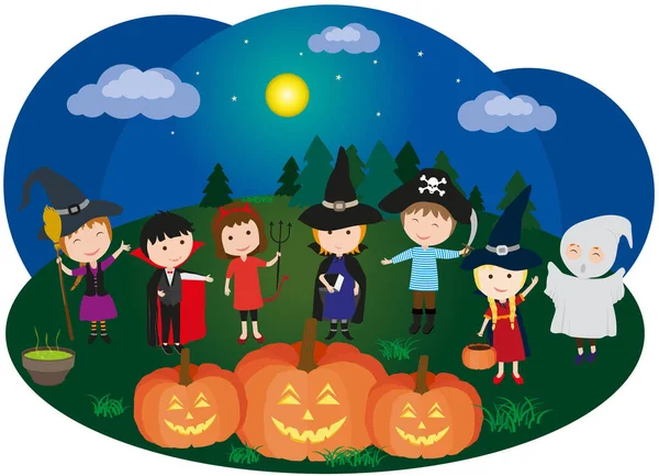 Halloween party. Cute children in holiday costumes for Halloween: Dracula, witches, ghost, imp, pirate. Night landscape with halloween pumpkins in a meadow. Vector illustration.