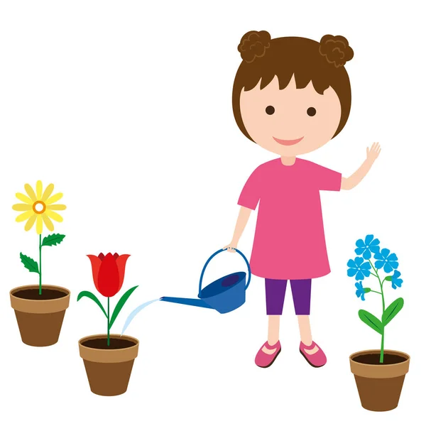 Meisje Dat Bloemen Water Geeft Potten Vectorillustratie — Stockvector