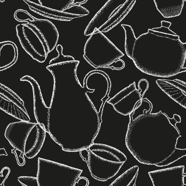 Kahve demliği, fincanlar ve tabaklar siyah arka planda. Kahve demlikleri, çaydanlıklar, fincanlar ve tabaklar pürüzsüz. Siyah ve beyaz tasarım.