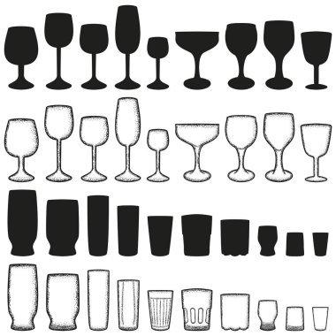 Farklı içecekler için vektör seti. Siluet ve siyah beyaz çizimler.