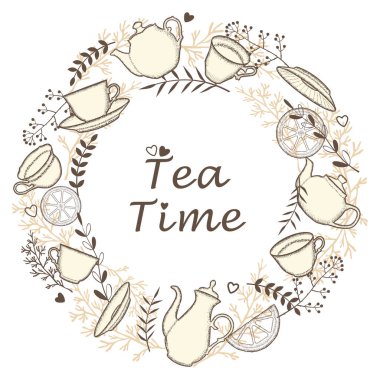 Çay zamanı. Davetiye kartı. Çaydanlıklar, fincanlar, tabaklar ve limon dilimleri..