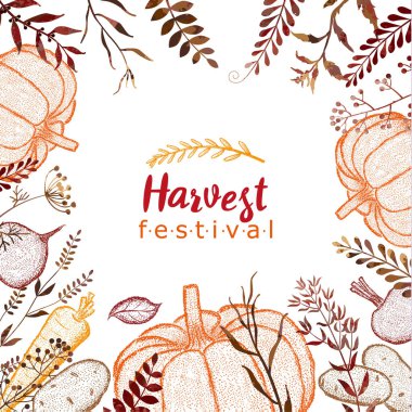 Hasat festivali. Sebze ve bitkilerle çerçevelenmiş. Balkabağı, havuç, patates, pancar, yaprak, dal, çiçek. Beyaz arka planda sebze çerçevesi. Vektör çizimi. Noktalı metodla çizilmiş renkli sebzeler.
