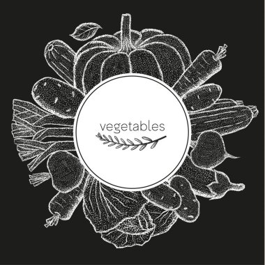 Sebzeler, siyah arka planda çerçeve. Lahana, havuç, patates, pırasa, balkabağı, pancar, kabak, patlıcan. Vektör siyah ve beyaz nokta çizimi.