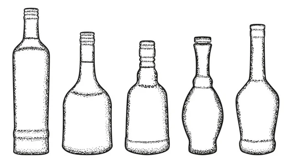 Zestaw Pięciu Butelek Napojów Alkoholowych Czerń Biel — Wektor stockowy
