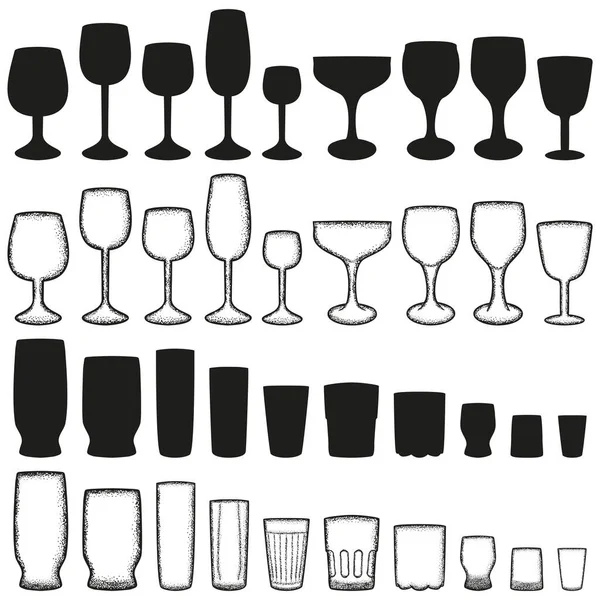 Conjunto Vidros Vetoriais Para Bebidas Diferentes Silhueta Desenho Preto Branco —  Vetores de Stock