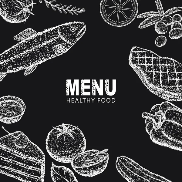 Sağlıklı yiyecekler. Sebze, balık, zeytin, et ve kek. Menü şablonu. Domates, salatalık, biber, zeytin, et, balık, limon ve tatlı. Vektör siyah ve beyaz nokta çizimi.