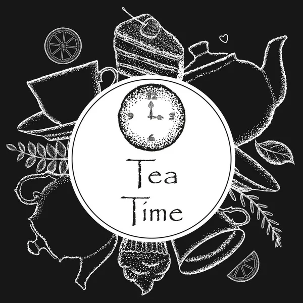 Çay zamanı. Çaydanlıklar, fincanlar, limon dilimleri ve tatlı. Vektör siyah ve beyaz nokta çizimi.