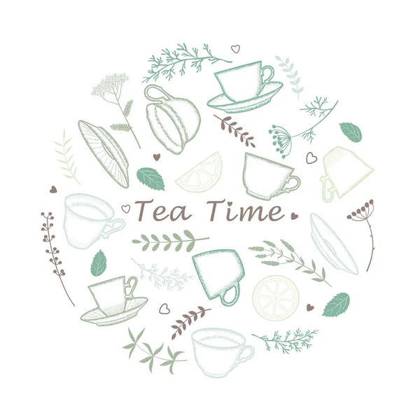 Tea Time Invitation Card Cups Saucers Slices Lemon Sprigs Herbs — Stock Vector