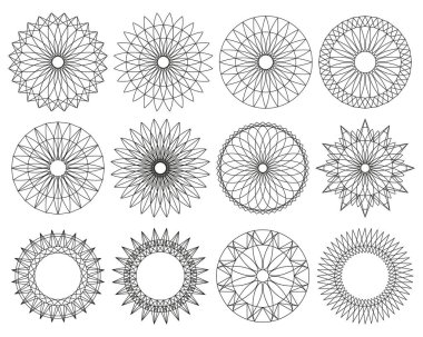 Yuvarlak süsler. Çember şekilleri. Çizgilerden yapılmış bir sınır. Geometrik desen. Sertifikalar ve tatil kartları için tasarım şablonu.