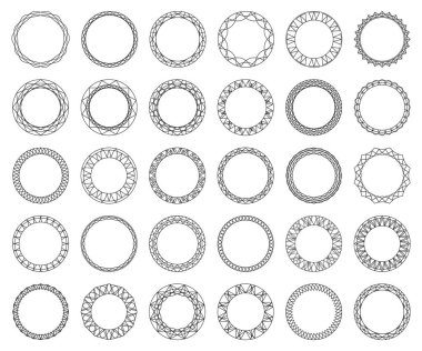 Büyük yuvarlak çerçeveler. Çember şekilleri. Çizgilerden yapılmış bir sınır. Geometrik süsler. Davetiyeler ve tatil kartları için tasarımcı şablonları.