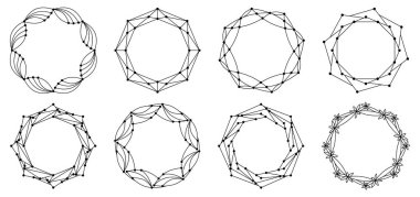 Noktalardan ve çizgilerden yapılmış süsler. Dekoratif çerçeveler. Yuvarlak desen. Çember şekilleri. Davetiyeler ve tatil kartları için tasarım arkaplanı.