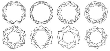 Geometrik elementlerden yapılmış süsler. Dekoratif çerçeveler. Yuvarlak desen. Çember şekilleri. Davetiyeler ve tatil kartları için tasarım arkaplanı.