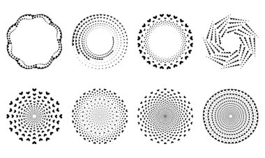 Kalplerden ve noktalardan dekoratif çerçeveler. İçinde kalpler ve noktalar olan süsler. Dekoratif çerçeveler. Yuvarlak desen. Çember şekilleri. Davetiyeler ve tatil kartları için tasarımcı şablonları.