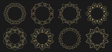 Siyah arkaplandaki dekoratif çerçeveler. Geometrik süsler. Çizgilerden ve dekoratif elementlerden oluşan yuvarlak sınırlar. Daire şeklinde. Davetiyeler ve tatil kartları için tasarım arkaplanı.