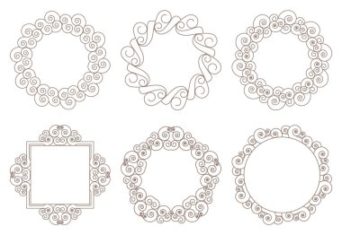 Dalga süsü. Dekoratif çerçeveler. Desen, bronz renkle sınırlıdır. Davetiyeler ve tatil kartları için tasarım geçmişi. Vektör illüstrasyonu.