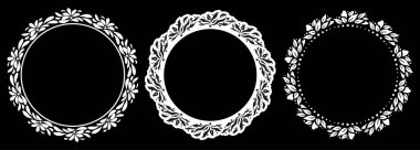 Çiçek çerçeveleri. Dekoratif sınırlar. Siyah arkaplanda yuvarlak beyaz süsler. Davetiyeler ve tatil kartları için şablonlar tasarla. Vektör illüstrasyonu.