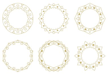 Çizgilerden ve altın kalplerden oluşan yuvarlak sınırlar. Dekoratif çerçeveler. Geometrik altın süsler. Daire şeklinde. Davetiyeler ve tatil kartları için tasarım arkaplanı.