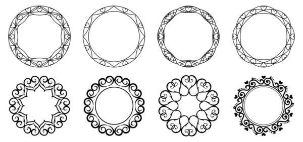 Sada Dekorativních Rámů Kulatý Vzorec Linií Srdcí Kruhové Tvary Návrhové — Stockový vektor