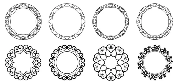Conjunto Molduras Decorativas Padrão Redondo Linhas Corações Formas Círculo Modelos — Vetor de Stock